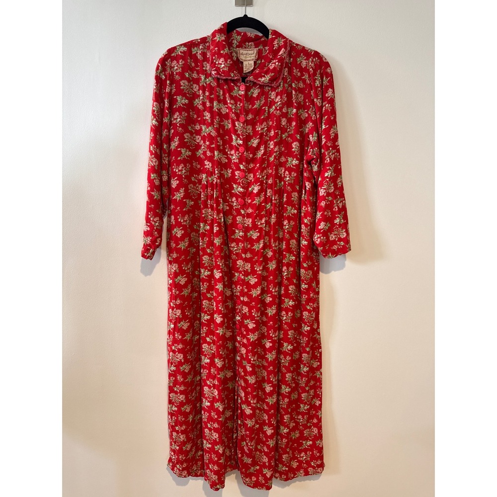 April Cornell Vintage Dress S Red Floral Rayon Button Down Modest Cottagecore